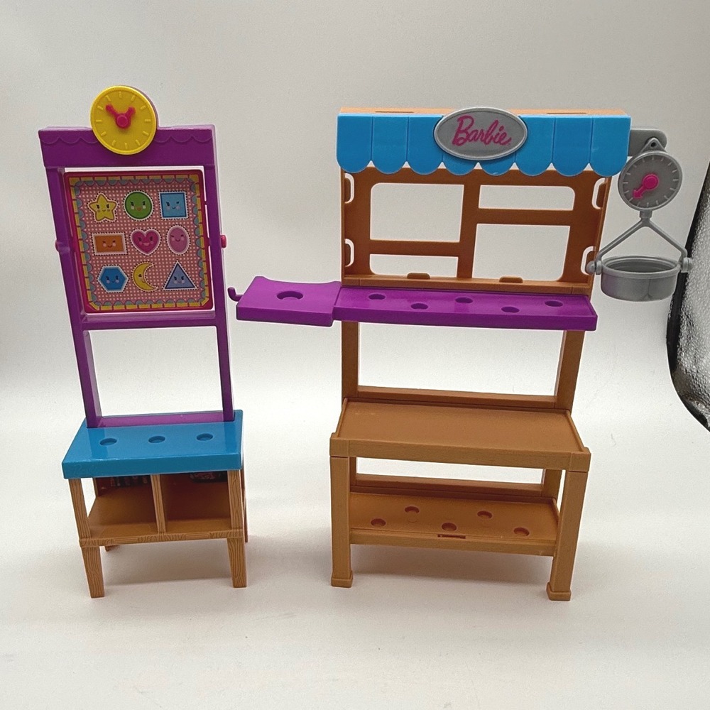 Barbie Doll Playset Furniture School Desk Chalkboard and Market Stand Lot